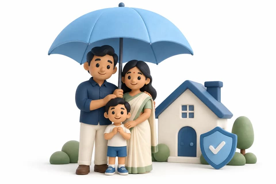 An illustrated shield protecting a home and family