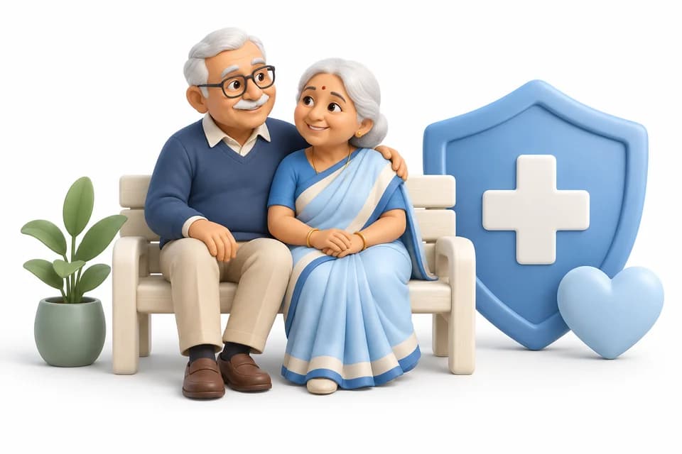 3D illustration of an older couple beside a health shield